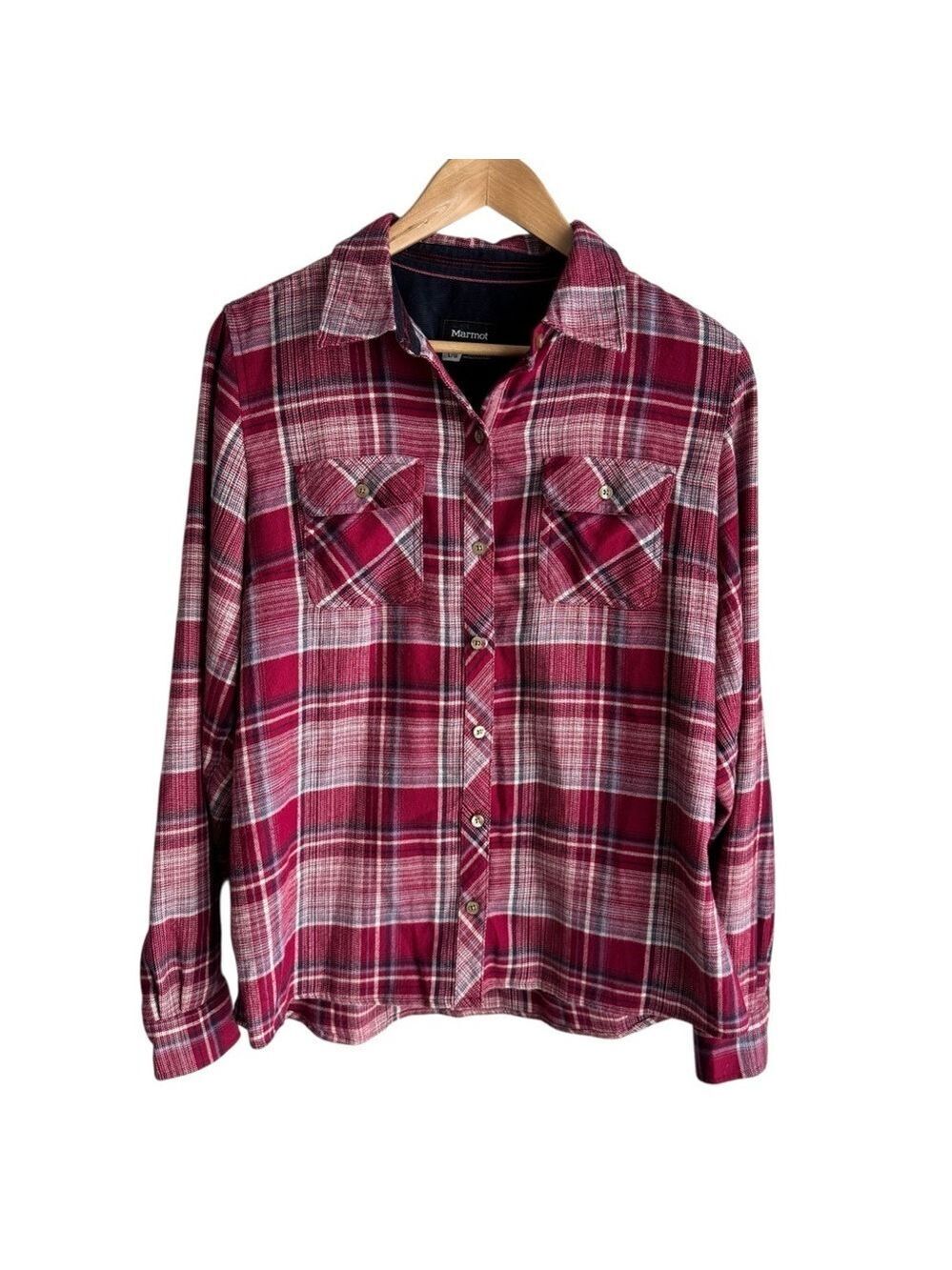 Marmot Lightweight Flannel Button Down Womens L Red Plaid Long Sleeve Shirt EUC